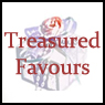 This is a logo graphic for Treasured Favours, providing wedding favours.